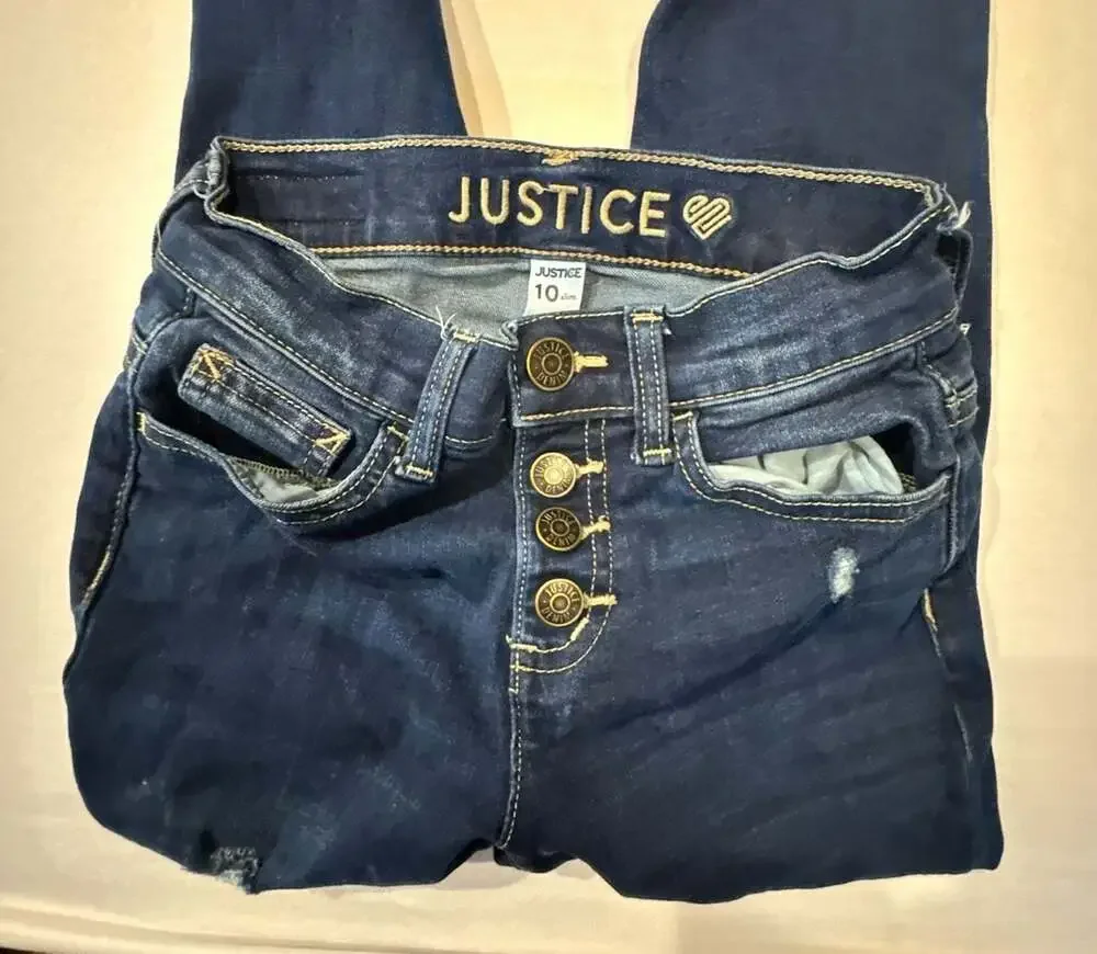 #560 Justice Girls Dark Wash High Rise Distressed Button Fly Jeggings